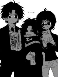 Rule 34 | 1girl, 2boys, book, chrollo lucilfer, commentary request, earrings, feitan portor, formal, glasses, greyscale, headband, highres, holding, holding book, hunter x hunter, jewelry, long sleeves, looking at viewer, monochrome, multiple boys, necktie, official alternate costume, pants, ppox, shizuku murasaki, short hair, simple background, suit, white background