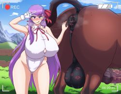 Rule 34 | 1girl, anilingus, animal, animal penis, anus, bb (fate), bestiality, breasts, cloud, covered erect nipples, curvy, fate/grand order, fate (series), field, gloves, grass field, highres, horse, horse penis, huge breasts, huge penis, interspecies, large penis, large testicles, lipstick mark, long hair, looking at viewer, marking, matching hair/eyes, ntremi, one-piece swimsuit, outdoors, penis, purple hair, recording, sky, smegma, smile, swimsuit, testicles, thick thighs, thighs, uncensored