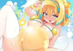 Rule 34 | + +, 1girl, balloon, bikini, blonde hair, blue eyes, blue hair, bombergirl, breasts, grenade hair ornament, hair ornament, highres, large breasts, looking at viewer, msp sammy, multicolored hair, navel, open mouth, pine (bombergirl), short hair, smile, solo, swimsuit, symbol-shaped pupils, thighhighs, two-tone hair, white thighhighs, yellow bikini, yellow pupils
