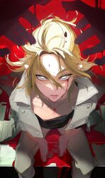 Rule 34 | 1boy, black shirt, blonde hair, blood, blood on face, bloody tears, from above, green jacket, heizei img, highres, jacket, jacket on shoulders, looking at viewer, looking up, male focus, pool of blood, pov, pov hands, sano manjirou, sanpaku, shirt, sitting, solo, t-shirt, tokyo revengers