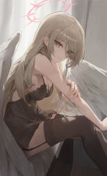 Rule 34 | 1girl, absurdres, alternate costume, angel wings, bare shoulders, blue archive, breasts, brown garter straps, brown thighhighs, cleavage, closed mouth, curtains, eyes visible through hair, garter straps, hair between eyes, hair over one eye, halo, highres, holding own arm, indoors, large breasts, light brown hair, long hair, looking at viewer, muhan (user azze8777), nagisa (blue archive), sidelocks, sitting, smile, solo, thighhighs, thighs, white wings, wings, yellow eyes