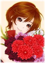 Rule 34 | 1boy, bare arms, bare shoulders, bouquet, brown eyes, brown hair, close-up, eyelashes, flower, flower request, happy, head tilt, highres, jirou (asami0512jump), leaf, light smile, looking at viewer, meiko (vocaloid), pink background, purple flower, red flower, red rose, red shirt, rose, shirt, short hair, simple background, sleeveless, sleeveless shirt, smile, solo, solo focus, upper body, vocaloid, white flower