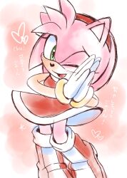 Rule 34 | 1girl, amy rose, animal ears, animal nose, bare shoulders, blush, boots, bracelet, breasts, commentary request, dress, eyelashes, furry, furry female, gloves, gold bracelet, green eyes, hairband, hands up, heart, hedgehog ears, hedgehog girl, highres, jewelry, looking at viewer, medium breasts, misuta710, one eye closed, open mouth, own hands together, pink background, pink fur, red dress, red footwear, red hairband, simple background, sleeveless, sleeveless dress, smile, solo, sonic (series), tongue, translation request, white gloves
