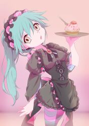 Rule 34 | 1girl, absurdres, anime coloring, apron, aqua eyes, black apron, black dress, black ribbon, brooch, cake, commentary request, cowboy shot, dress, duplicate, food, frilled apron, frilled dress, frilled hairband, frills, hairband, highres, holding, holding tray, jewelry, leaning back, long hair, looking at viewer, maid, neck ribbon, nomura kitan, open mouth, original, pantyhose, pixel-perfect duplicate, ribbon, short dress, solo, striped clothes, striped pantyhose, tray, twintails, yellow eyes