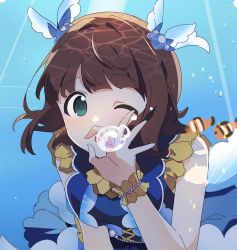 Rule 34 | 1girl, :o, amami haruka, ap bar, bracelet, brown hair, blowing bubbles, clownfish, dress, fish, frilled dress, frilled neckwear, frilled sleeves, frills, green eyes, hair ornament, idolmaster, idolmaster (classic), jewelry, ok sign, one eye closed, open mouth, short hair, short sleeves, solo, tropical fish, underwater