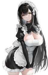 Rule 34 | 1girl, alternate costume, apron, black dress, black gloves, black hair, breasts, cleavage, dress, enmaided, frilled apron, frills, gloves, hair between eyes, haori io, highres, large breasts, long hair, maid, maid apron, maid headdress, original, solo, very long hair, white apron, white background, yellow eyes