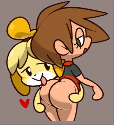 Rule 34 | 1boy, 1girl, :&gt;, animal crossing, animal ears, animal nose, ass, ass grab, black eyes, black shirt, blonde hair, blush, blush stickers, body fur, bottomless, brown background, brown hair, closed mouth, cowboy shot, cropped legs, dog ears, dog girl, from behind, furry, furry male, green eyes, hair tie, half-closed eyes, happy, heart, hetero, hug, huge ass, interspecies, isabelle (animal crossing), licking, looking at another, looking back, looking to the side, male focus, nintendo, open mouth, parted bangs, shiny skin, shirt, short hair, short sleeves, sidelocks, simple background, smile, standing, tongue, tongue out, topknot, two-tone fur, vilepluff, villager (animal crossing), white fur, yellow fur