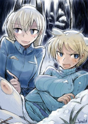 Rule 34 | 10s, 2girls, animal ears, artist name, blonde hair, blue eyes, blush, brave witches, crossed arms, d:, d:&lt;, eila ilmatar juutilainen, ermine ears, fox ears, ichigai (hayawossan), injury, jacket, long hair, messy hair, military, military uniform, multiple girls, nikka edvardine katajainen, open mouth, pantyhose, pointing, ribbed sweater, short hair, signature, smile, snow, strike witches, sweatdrop, sweater, torn clothes, torn legwear, tree, uniform, v-shaped eyebrows, weasel ears, white legwear, world witches series