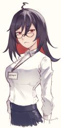 Rule 34 | 1girl, ahoge, ark ford, artist name, black hair, colored inner hair, commentary, cropped torso, english commentary, enma-chan, frown, glasses, hair between eyes, highres, hololive, hololive english, id card, lanyard, long sleeves, looking at viewer, medium hair, multicolored hair, red eyes, red hair, sketch, solo, virtual youtuber