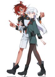Rule 34 | 2girls, ahoge, asticassia school uniform, black footwear, black hairband, black pantyhose, blue eyes, boots, bright pupils, commentary, dark-skinned female, dark skin, full body, green jacket, green shorts, grey eyes, grin, gundam, gundam suisei no majo, hairband, hands up, hashtag-only commentary, high heel boots, high heels, highres, holding, jacket, long hair, long sleeves, miorine rembran, molu stranger, multiple girls, necktie, open mouth, pantyhose, pointing, red hair, red necktie, school uniform, shorts, simple background, smile, suletta mercury, thick eyebrows, walking, white background, white hair, white jacket, white pupils, white shorts