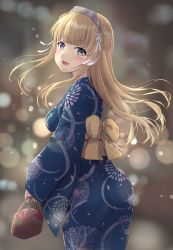 Rule 34 | 1girl, :d, alternate costume, bag, blonde hair, blue kimono, blunt bangs, blurry, blurry background, breasts, fireworks print, fletcher (kancolle), from behind, gradient eyes, hair ribbon, headgear, highres, holding, holding bag, japanese clothes, kantai collection, kimono, long hair, looking at viewer, looking back, medium breasts, monoku, multicolored eyes, obi, obijime, open mouth, purple eyes, ribbon, sash, sideboob, sidelocks, smile, solo, white ribbon, wide sleeves, yukata