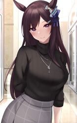 Rule 34 | 1girl, absurdres, animal ears, arm behind back, black sweater, blue bow, blush, bow, breasts, brown hair, casual, closed mouth, cowboy shot, grey skirt, hair bow, highres, horse ears, indoors, jewelry, large breasts, long hair, long sleeves, looking at viewer, mejiro dober (umamusume), necklace, purple eyes, skirt, smile, solo, sweater, umamusume, very long hair, zeatto