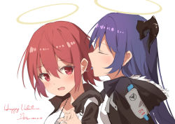 Rule 34 | 2girls, aliter, arknights, black jacket, blue hair, blue tongue, blush, closed eyes, colored tongue, commentary, dated, dog tags, english commentary, exusiai (arknights), hair between eyes, halo, happy valentine, hood, hood down, hooded jacket, horns, jacket, long hair, mostima (arknights), multiple girls, open clothes, open jacket, profile, red eyes, red hair, saliva, saliva trail, shirt, short hair, signature, simple background, tongue, tongue out, upper body, valentine, white background, white jacket, white shirt, yuri