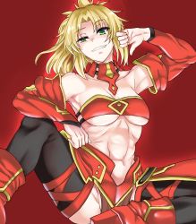 Rule 34 | 1girl, abs, ao (time-leap), armpits, bare shoulders, black thighhighs, blonde hair, breasts, detached sleeves, fate/grand order, fate (series), grin, high heels, looking at viewer, mordred (fate), mordred (fate/apocrypha), navel, raised eyebrow, red background, short hair, simple background, smile, solo, thighhighs, thighs, underboob