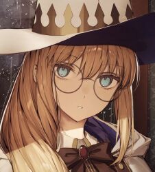 Rule 34 | 1girl, black bow, blonde hair, blue eyes, bow, fate/grand order, fate (series), glasses, hat, long hair, portrait, rain, tamitami, aesc (fate), white hat, witch hat