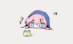 Rule 34 | 1girl, arknights, blue eyes, blue poison (arknights), chibi, commentary, frog, hair between eyes, hood, hood up, peeking, pink hair, ruri (dailybloopy), simple background, solo, sparkle, white background