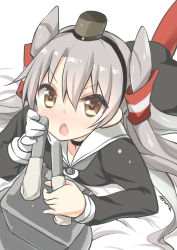 Rule 34 | 10s, 1girl, absurdres, amatsukaze (kancolle), artist name, black dress, chestnut mouth, dress, gloves, hair ornament, hair tubes, hairband, highres, kantai collection, long hair, looking at viewer, open mouth, rensouhou-kun, ryuki (ryukisukune), sexually suggestive, silver hair, single glove, solo, turret, twintails, two side up, white gloves