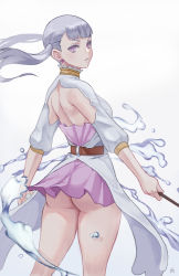 Rule 34 | 1girl, ass, backless dress, backless outfit, black clover, breasts, dress, freckles, highres, huge ass, large breasts, noelle silva, purple eyes, solo, standing, thick thighs, thighs, twintails, white background, white hair, zefrableu