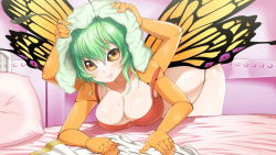 Rule 34 | 1girl, ancient greek clothes, antennae, artist request, bed, breasts, butterfly girl, chiton, cleavage, compound eyes, extra arms, flare (monster musume), game cg, green hair, indoors, insect wings, large breasts, leaning forward, medium hair, monster musume no iru nichijou, monster musume no iru nichijou online, official art, orange tank top, pillow, solo, tank top, towel, towel on head, wet, wings, yellow eyes