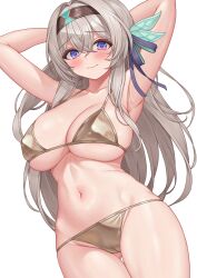 Rule 34 | 1girl, armpits, arms behind head, arms up, bikini, black hairband, blush, cameltoe, cleft of venus, commentary, cowboy shot, firefly (honkai: star rail), gluteal fold, grey bikini, hair intakes, hairband, highres, honkai: star rail, honkai (series), long hair, looking at viewer, navel, pinkcap, purple eyes, simple background, solo, standing, stomach, swimsuit, thighs, very long hair, white background