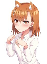 Rule 34 | 1girl, animal ears, blush, breasts, brown eyes, brown hair, cat ears, collared shirt, embarrassed, furrowed brow, hair ornament, hairclip, hands up, highres, kemonomimi mode, long sleeves, misaka mikoto, official alternate costume, open mouth, parted bangs, paw pose, remoa, shirt, short hair, small breasts, solo, toaru majutsu no index, upper body, white background, white shirt