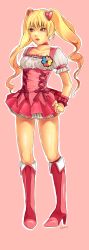 Rule 34 | 00s, absurdres, artist request, blonde hair, boots, breasts, cleavage, cure peach, earrings, fresh precure!, hair ornament, high heels, highres, jewelry, pink eyes, precure, tagme, twintails, waitress