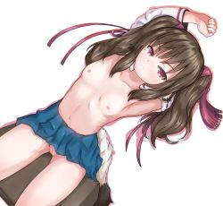 Rule 34 | 1girl, aquaplus, arms up, bare legs, blush, breasts, brown hair, cleft of venus, closed mouth, collarbone, fatwave, fingernails, gradient eyes, gradient hair, hair between eyes, hair ribbon, highres, kneeling, long hair, looking at viewer, mole, mole under eye, multicolored eyes, multicolored hair, nekone (utawarerumono), nipples, pussy, red eyes, ribbon, sidelocks, skirt, small areolae, small breasts, small nipples, solo, tail, thighhighs, thighs, toned, toned female, twintails, uncensored, unworn clothes, utawarerumono, utawarerumono: futari no hakuoro, utawarerumono: itsuwari no kamen