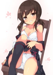 Rule 34 | 1girl, beritabo, black sailor collar, black skirt, black socks, blush, bow, bow bra, bow panties, bra, breasts, brown eyes, brown hair, chair, cleavage, clothes pull, commentary request, feet out of frame, floral background, fubuki (kancolle), fubuki kai ni (kancolle), gradient background, grin, head tilt, highres, kantai collection, knee up, kneehighs, long hair, low ponytail, on chair, panties, pink background, pleated skirt, ponytail, sailor collar, school uniform, serafuku, shirt, shirt pull, short sleeves, sitting, skirt, small breasts, smile, socks, solo, underwear, white background, white bra, white panties, white shirt