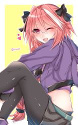 Rule 34 | 1boy, astolfo (fate), astolfo (memories at trifas) (fate), bad id, bad pixiv id, belt, black pantyhose, blush, braid, crop top, cropped jacket, crossdressing, fate/apocrypha, fate/grand order, fate (series), hair ribbon, heart, hood, hoodie, male focus, midriff, multicolored hair, official alternate costume, one eye closed, open mouth, pantyhose, pink hair, pleated skirt, ribbon, shirt, shisei (kyuushoku banchou), silver hair, single braid, skirt, smile, solo, striped clothes, striped shirt, trap, wink