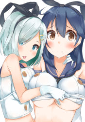 Rule 34 | 2girls, black hair, blue eyes, blush, breasts, brown eyes, cosplay, gloves, hair ornament, hairband, hairclip, hamakaze (kancolle), highres, kantai collection, long hair, md5 mismatch, multiple girls, okomeito, resolution mismatch, shimakaze (kancolle), shimakaze (kancolle) (cosplay), silver hair, source larger, tongue, underboob, undressing, ushio (kancolle)