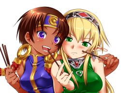 Rule 34 | 2girls, arm around neck, bad id, bad tinami id, black hairband, blonde hair, blue eyes, blue headband, blue shirt, breasts, brown hair, cheek poking, closed mouth, commentary request, culdcept, earrings, elf, food, frown, funnyari, green eyes, green shirt, hairband, halterneck, headband, holding, holding food, jewelry, kigi, long hair, looking at viewer, medium breasts, multiple girls, najaran, open mouth, pocky, pointy ears, poking, portrait, shirt, short hair, simple background, smile, standing, white background, wristband