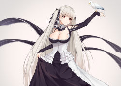 Rule 34 | 1girl, absurdres, azur lane, bad id, bad pixiv id, bare shoulders, between breasts, bird, black dress, breasts, catnnn, cleavage, collarbone, commentary request, dress, formidable (azur lane), frilled dress, frills, grey background, hair ribbon, has bad revision, has cropped revision, highres, large breasts, long hair, looking at viewer, md5 mismatch, red eyes, resolution mismatch, ribbon, simple background, solo, twintails