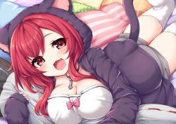 Rule 34 | 1girl, :d, absurdres, animal ear hood, azur lane, breasts, cat girl, cat tail, cleavage, fake animal ears, fang, highres, hood, hoodie, i-19 (azur lane), i-19 (pillowy paradise) (azur lane), kinomiki nobori, large breasts, long hair, lying, on stomach, open clothes, open hoodie, open mouth, oppai loli, pendant choker, pillow, red eyes, red hair, shorts, skin fang, sleeves past wrists, smile, solo, tail, thighhighs, white thighhighs