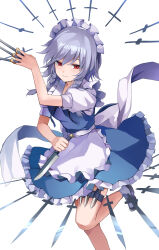 Rule 34 | 1girl, absurdres, apron, between fingers, braid, closed mouth, commentary, grey hair, highres, holding, holding knife, izayoi sakuya, knife, knives between fingers, koizumo, leg up, looking at viewer, maid, maid headdress, red eyes, short sleeves, smile, solo, thigh strap, touhou, twin braids, waist apron, white apron