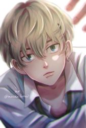 Rule 34 | 1boy, black hair, black neckwear, blonde hair, blue eyes, collared shirt, earrings, hair between eyes, highres, illust ratte, jewelry, looking at viewer, male focus, matsuno chifuyu, parted lips, shirt, short hair, simple background, single earring, solo, tokyo revengers, twitter username, undercut, upper body, white background, white shirt