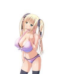 Rule 34 | bikini, blonde hair, blush, breasts, cleavage, covered erect nipples, huge breasts, kyonyuu majo, swimsuit, tenma cecile, thighhighs, twintails