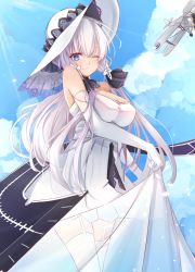 Rule 34 | 1girl, ahoge, anchor symbol, azur lane, bare shoulders, blue eyes, blue gemstone, blue sky, blush, breasts, choker, cleavage, cloud, collarbone, day, dress, elbow gloves, flight deck, floating hair, garter straps, gem, gloves, hair ornament, hair ribbon, hat, hinarioru, illustrious (azur lane), jewelry, lace-trimmed hat, lace trim, large breasts, light particles, long hair, looking at viewer, low twintails, mole, mole under eye, one eye closed, outdoors, own hands together, pendant, ribbon, see-through, sky, smile, solo, sparkle, strapless, strapless dress, sun hat, thighhighs, thighs, tress ribbon, twintails, water drop, white dress, white gloves, white hair, white hat, wind, wind lift