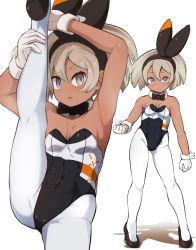 Rule 34 | 1girl, adapted costume, armpits, bea (pokemon), black leotard, blonde hair, bow hairband, breasts, cleavage, clenched hands, closed mouth, commentary request, covered abs, creatures (company), dark skin, detached collar, eyelashes, frown, game freak, garoudo (kadouhan&#039;i), gloves, grey eyes, hair between eyes, hairband, high heels, leg hold, leotard, looking at viewer, multiple views, nintendo, pantyhose, playboy bunny, pokemon, pokemon swsh, short hair, split, standing, standing on one leg, standing split, steam, sweat, white gloves, white pantyhose