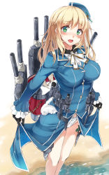 Rule 34 | 10s, 1girl, :d, atago (kancolle), beach, beret, black gloves, blonde hair, blush, breasts, cannon, chain, frilled sleeves, frills, gloves, green eyes, hat, heart, heart-shaped pupils, highres, kantai collection, large breasts, long hair, looking at viewer, military, military uniform, nanahara fuyuki, no legwear, open mouth, panties, smile, solo, symbol-shaped pupils, underwear, uniform