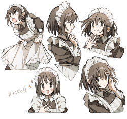 Rule 34 | 1girl, apron, black dress, brown eyes, brown hair, cowboy shot, dress, hair ornament, hand in own hair, hashtag, high collar, hinata (echoloveloli), holding, holding clothes, looking at viewer, looking to the side, maid, maid apron, maid day, maid headdress, multiple views, open mouth, original, short hair, simple background, smile, star (symbol), upper body, v, white apron, white background