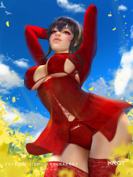 Rule 34 | 1girl, arm behind head, artist name, babydoll, bird, black hair, blurry, blurry foreground, breasts, cloud, cloudy sky, commentary, cowboy shot, english commentary, flower, from below, hair between eyes, hairband, large breasts, lips, looking up, outdoors, patreon username, pedal, realistic, red babydoll, red eyes, red thighhighs, short hair with long locks, shurakrgt, sky, solo, spy x family, thighhighs, underboob, yellow flower, yor briar