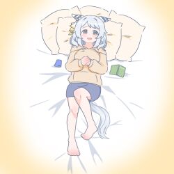 Rule 34 | 1girl, animal ears, barefoot, bed sheet, blue shorts, book, breasts, cellphone, ear covers, full body, highres, hishi miracle (umamusume), hood, hoodie, horse ears, horse girl, horse tail, itota art, long sleeves, looking at viewer, medium hair, on bed, open mouth, own hands together, phone, pillow, shorts, small breasts, smartphone, smile, solo, tail, toes, umamusume, white hair, yellow eyes, yellow hoodie