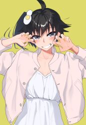 Rule 34 | 1girl, ahoge, araragi karen, black hair, blush, breasts, cleavage, collarbone, dress, egg hair ornament, eyelashes, food-themed hair ornament, green background, grey eyes, grey jacket, hair ornament, hands up, highres, jacket, long sleeves, looking at viewer, monogatari (series), open clothes, open jacket, paw pose, ponytail, shadow, simple background, small breasts, smile, solo, teeth, thomas (aoakumasan), upper body, white dress, yellow nails