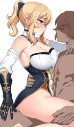 Rule 34 | 1boy, 1girl, ass, black ribbon, blonde hair, blue eyes, blush, bottomless, breasts, cleavage, clothed female nude male, commentary request, detached collar, detached sleeves, earrings, eye contact, from side, gauntlets, genshin impact, girl on top, hair ribbon, hetero, highres, jean (genshin impact), jewelry, large breasts, looking at another, ndgd, nude, ponytail, profile, ribbon, sex, shirt, sidelocks, simple background, solo focus, straddling, upright straddle, white background