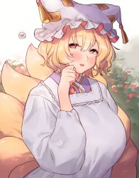 Rule 34 | 1girl, adapted costume, animal ears, animal hat, blonde hair, blush, bush, commentary request, dress, fox ears, fox tail, frilled hat, frills, hair between eyes, hand up, hat, heart, highres, kitsune, long sleeves, looking to the side, masanaga (tsukasa), mob cap, multiple tails, open mouth, robe, short hair, sidelocks, sideways glance, solo, speech bubble, tail, tassel, touhou, upper body, white dress, white robe, yakumo ran, yellow eyes