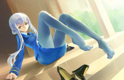 Rule 34 | 1girl, absurdres, feet, high heels, highres, military, military uniform, necktie, no shoes, original, pantyhose, shoes, unworn shoes, silver hair, sima naoteng, solo, stairs, uniform, yellow eyes