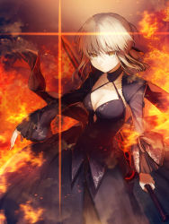 Rule 34 | 1girl, artoria pendragon (all), artoria pendragon (fate), black bow, black dress, blonde hair, bow, breasts, cleavage, collarbone, commentary, dress, excalibur morgan (fate), expressionless, eyebrows, fate/grand order, fate/stay night, fate (series), fire, glint, gothic lolita, hair bow, halterneck, highres, holding, holding sword, holding weapon, kazutake hazano, lolita fashion, looking at viewer, puffy sleeves, saber (fate), saber alter, short hair, smoke, solo, sword, weapon, yellow eyes