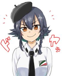 Rule 34 | 10s, 1girl, anzio school uniform, beret, black hair, black hat, black necktie, braid, brown eyes, closed mouth, commentary, dress shirt, emblem, emirio (emirio110), girls und panzer, hat, highres, long sleeves, looking at viewer, necktie, notice lines, pepperoni (girls und panzer), portrait, school uniform, shirt, short hair, side braid, simple background, smile, solo, v-shaped eyebrows, white background, white shirt, wing collar
