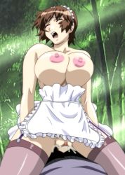 Rule 34 | 1boy, 1girl, animated, animated gif, blush, bouncing breasts, breasts, brown hair, clitoris, clothed sex, covered erect nipples, cowgirl position, fushimi kenta, garter straps, girl on top, hetero, huge breasts, maid, maid headdress, moaning, nipples, nonomiya momoko, open mouth, outdoors, penis, pussy, pussy juice, sex, shimai tsuma 3, shimaizuma 3, straddling, uncensored