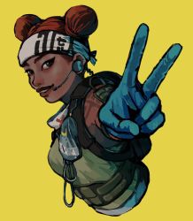 Rule 34 | 1girl, 7ppiya (napami), apex legends, arm tattoo, black eyes, blue gloves, breasts, cropped torso, dark-skinned female, dark skin, double bun, gloves, hair bun, headset, highres, leaning forward, lifeline (apex legends), looking at viewer, mask, mask around neck, parted lips, red hair, small breasts, smile, solo, tattoo, v, yellow background